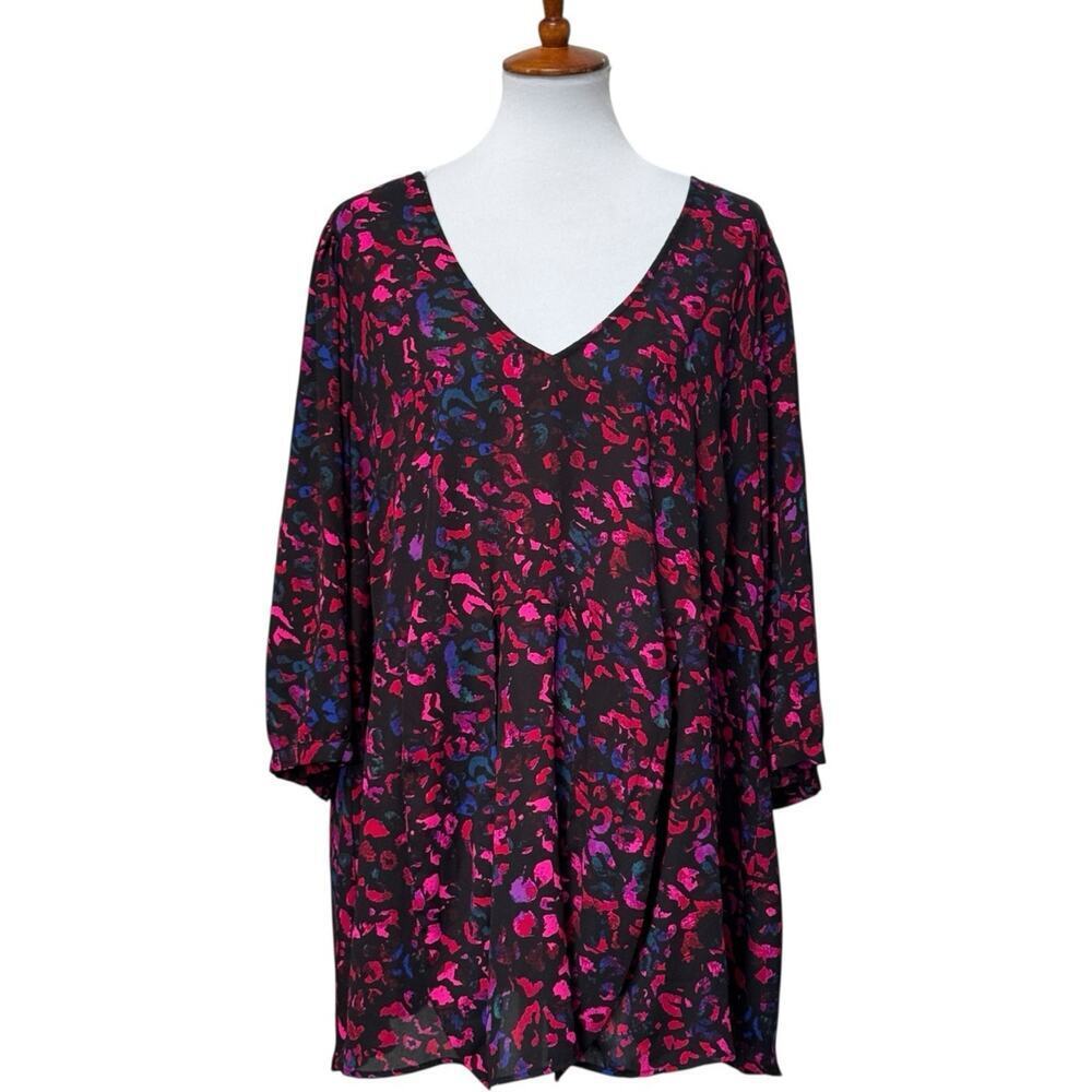 Torrid Top Womens 4X Pink Black Leopard V-Neck Sheer Abstract Artsy Romantic